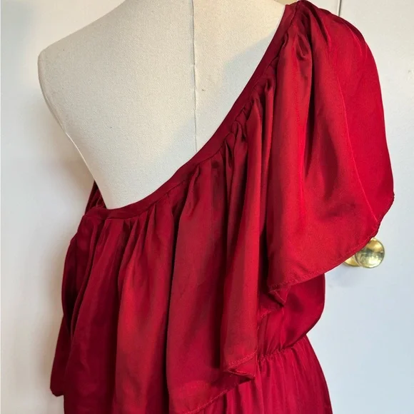 SILK One-Shoulder Red Ruffle Dress - Picture 10 of 14